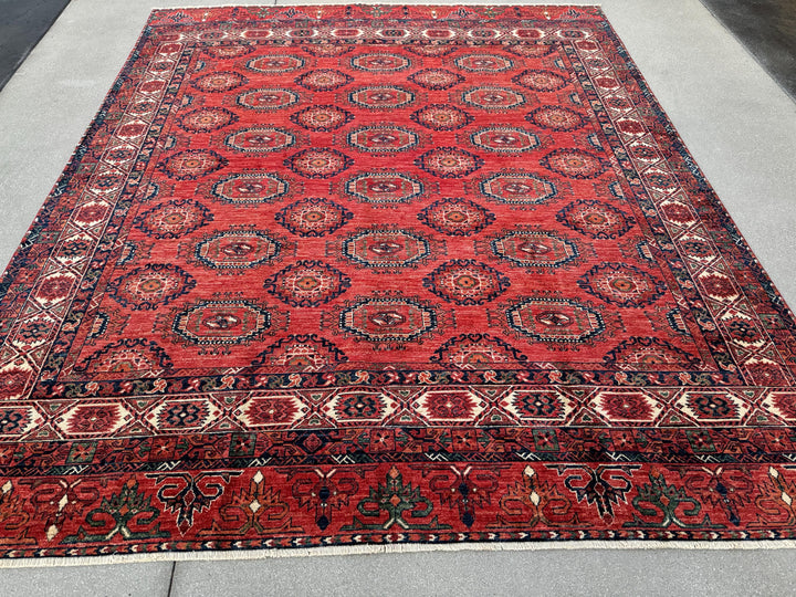 10x13 (305x396) Hand Knotted Afghan Rug | Garnet Cherry Crimson Red Cream White Forest Green Orange Navy Midnight Blue | Wool Gul Turkman