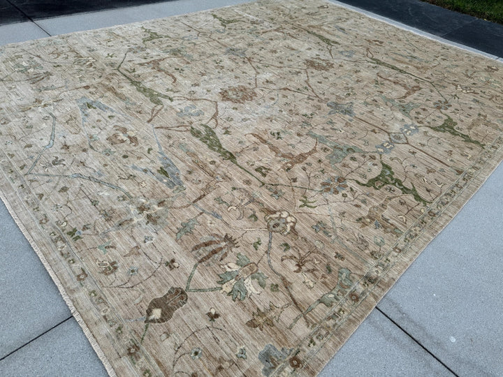 9x12 (274x366) Hand Knotted Afghan Rug | Neutral Cream Tan Beige Pine Green Sky Powder Blue Gold | Wool Floral Persian Heriz