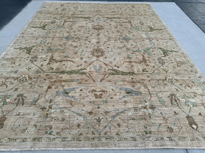 9x12 (274x366) Hand Knotted Afghan Rug | Neutral Cream Tan Beige Pine Green Sky Powder Blue Gold | Wool Floral Persian Heriz