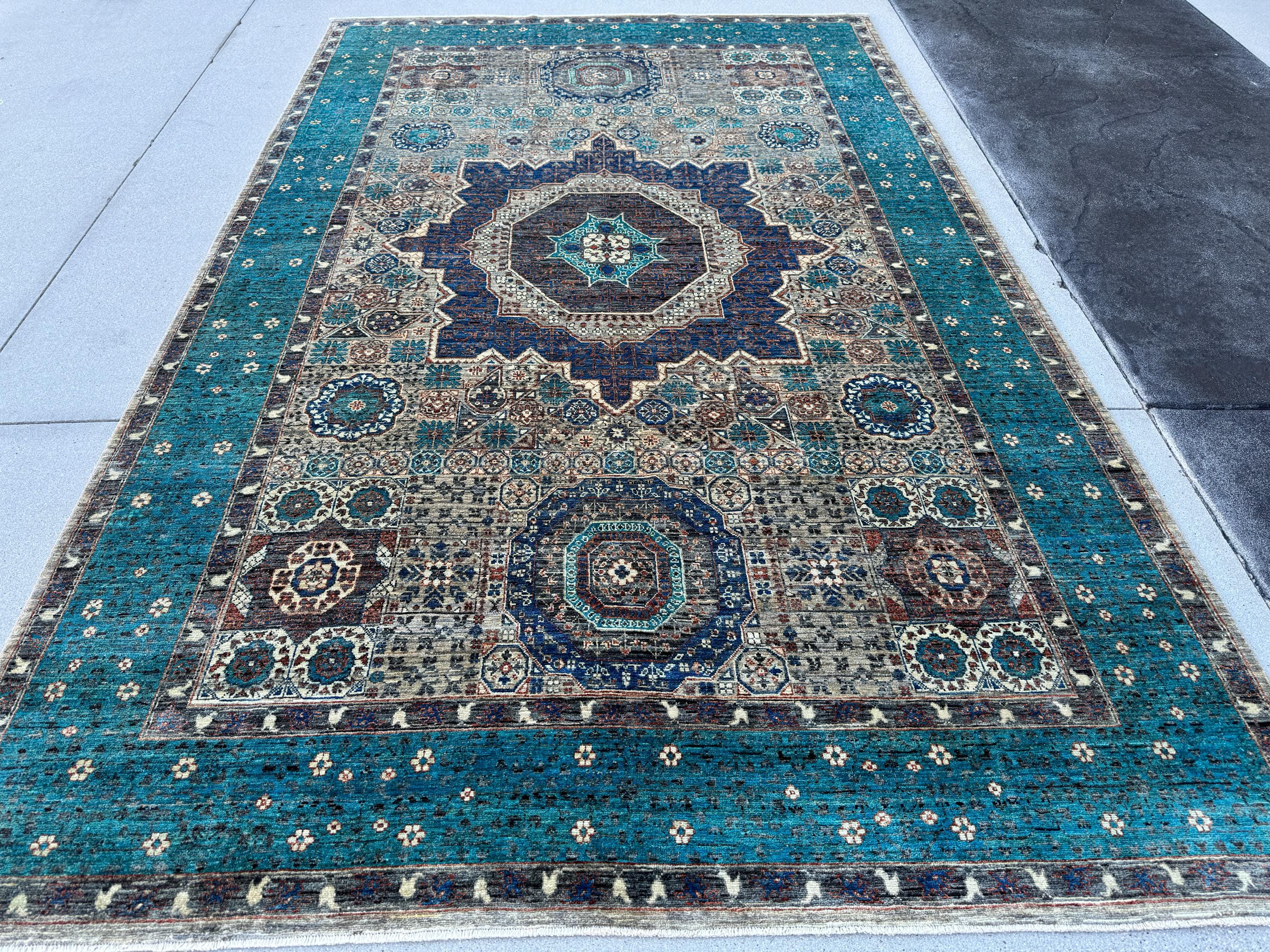 6-7x10 (198x304) Handmade Afghan Rug | Teal Turquoise Cream Beige Taupe Brick Terracotta Red Denim Grey Gray Sapphire Royal Blue | Wool