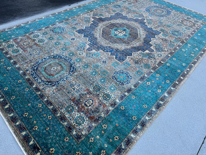 6-7x10 (198x304) Handmade Afghan Rug | Teal Turquoise Cream Beige Taupe Brick Terracotta Red Denim Grey Gray Sapphire Royal Blue | Wool