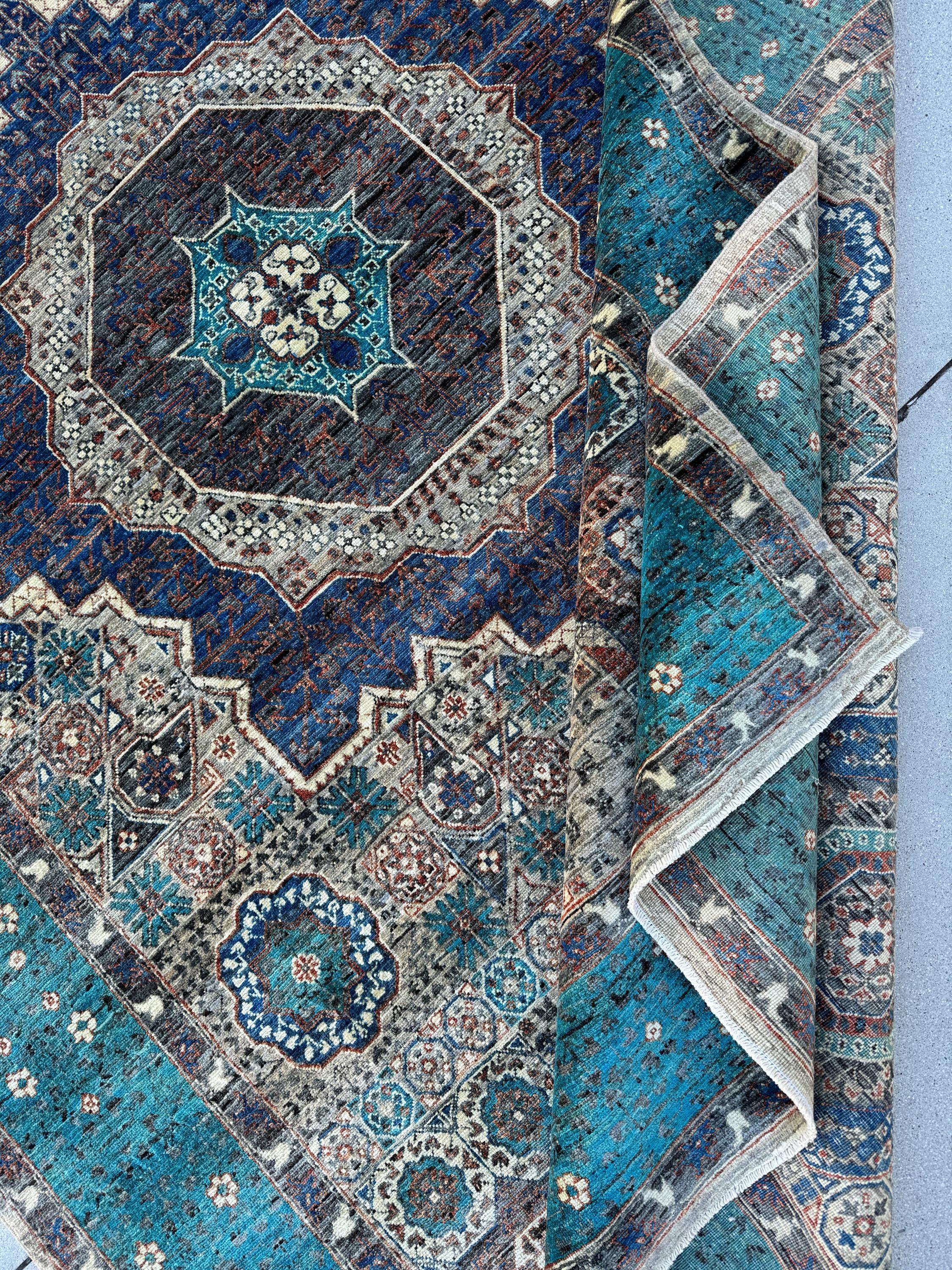 6-7x10 (198x304) Handmade Afghan Rug | Teal Turquoise Cream Beige Taupe Brick Terracotta Red Denim Grey Gray Sapphire Royal Blue | Wool