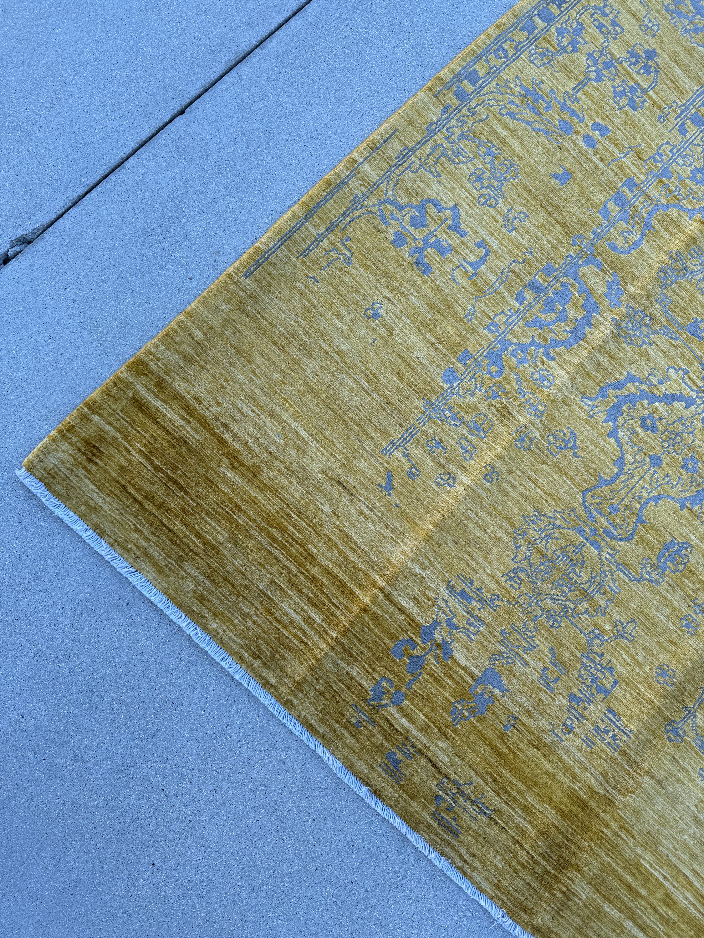 6x9 (198x287) Handmade Afghan Rug | Cornsilk Yellow Saffron Gold Grey Royal Blue | Wool Neutral Solid Modern Minimalist Contemporary