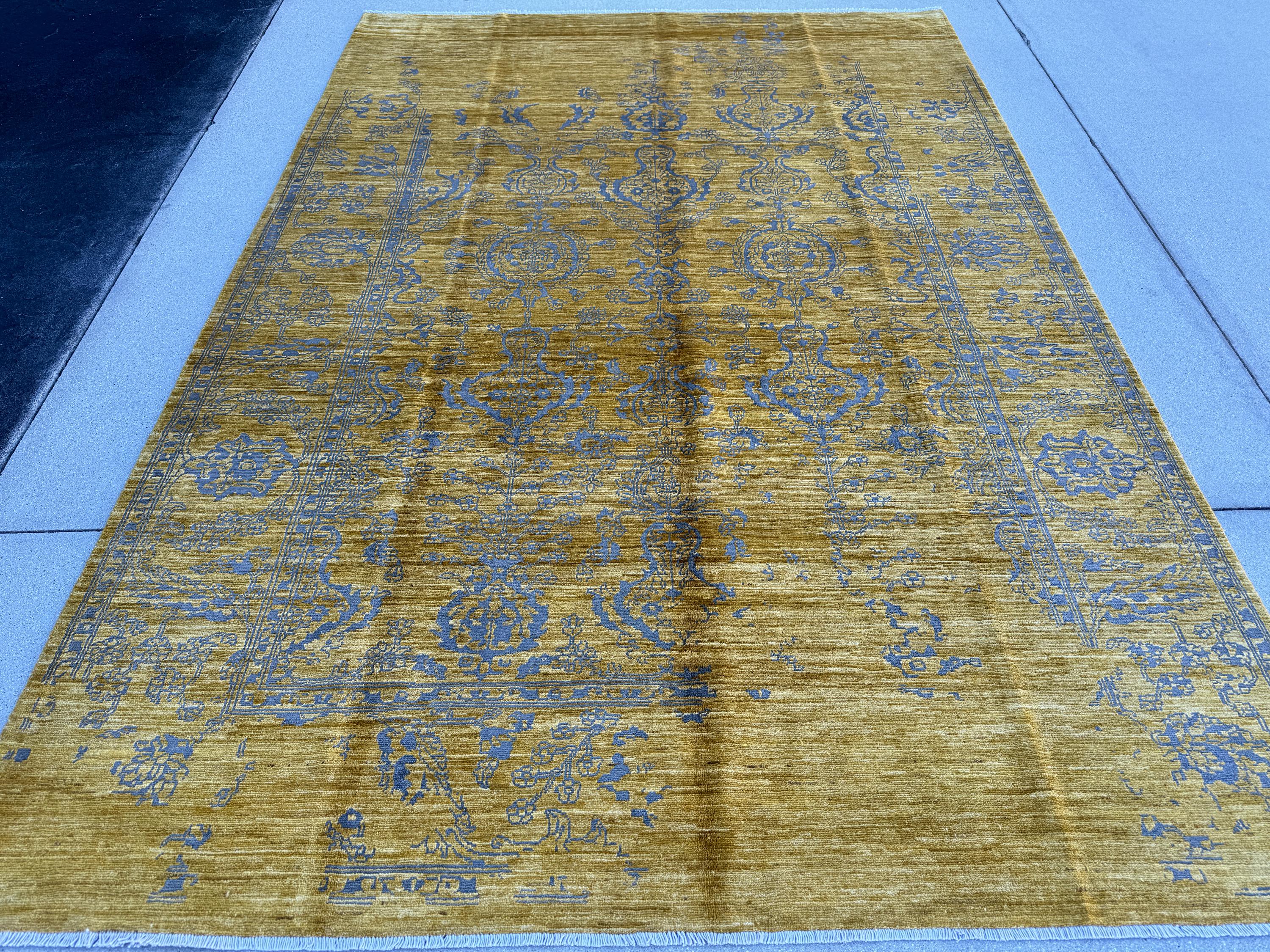 6x9 (198x287) Handmade Afghan Rug | Cornsilk Yellow Saffron Gold Grey Royal Blue | Wool Neutral Solid Modern Minimalist Contemporary