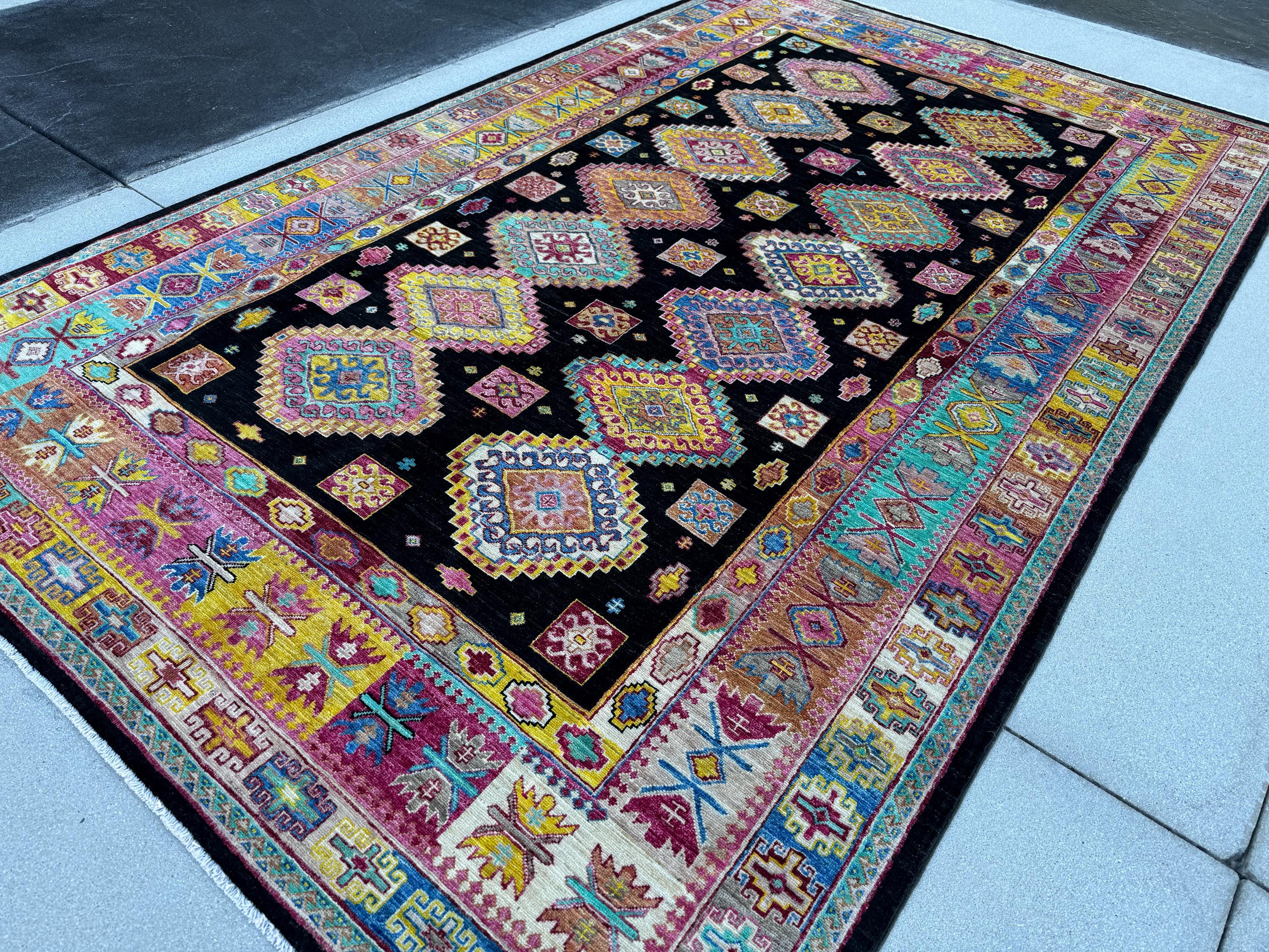 6-7x11 (198x335) Handmade Afghan Rug | Black Ivory White Yellow Fuchsia Salmon Blush Pink Denim Aqua Blue Turquoise Red Caramel Brown | Wool