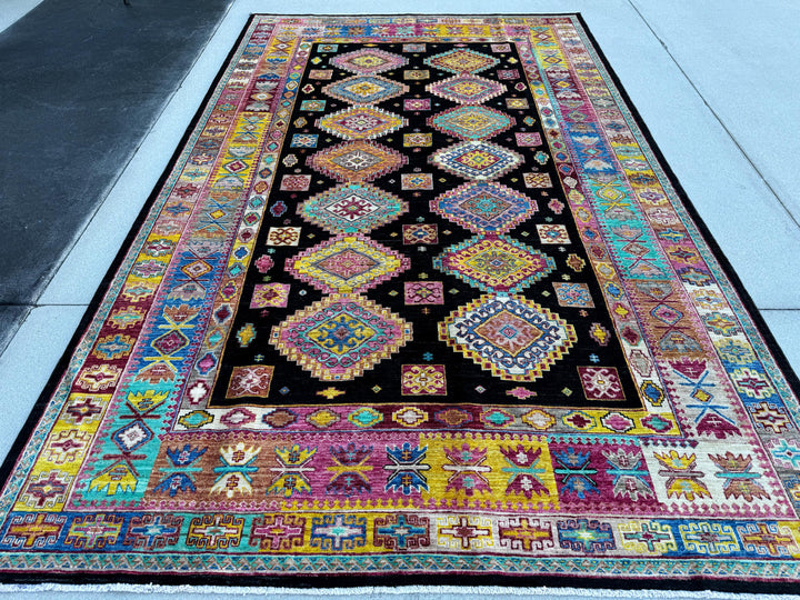 6-7x11 (198x335) Handmade Afghan Rug | Black Ivory White Yellow Fuchsia Salmon Blush Pink Denim Aqua Blue Turquoise Red Caramel Brown | Wool