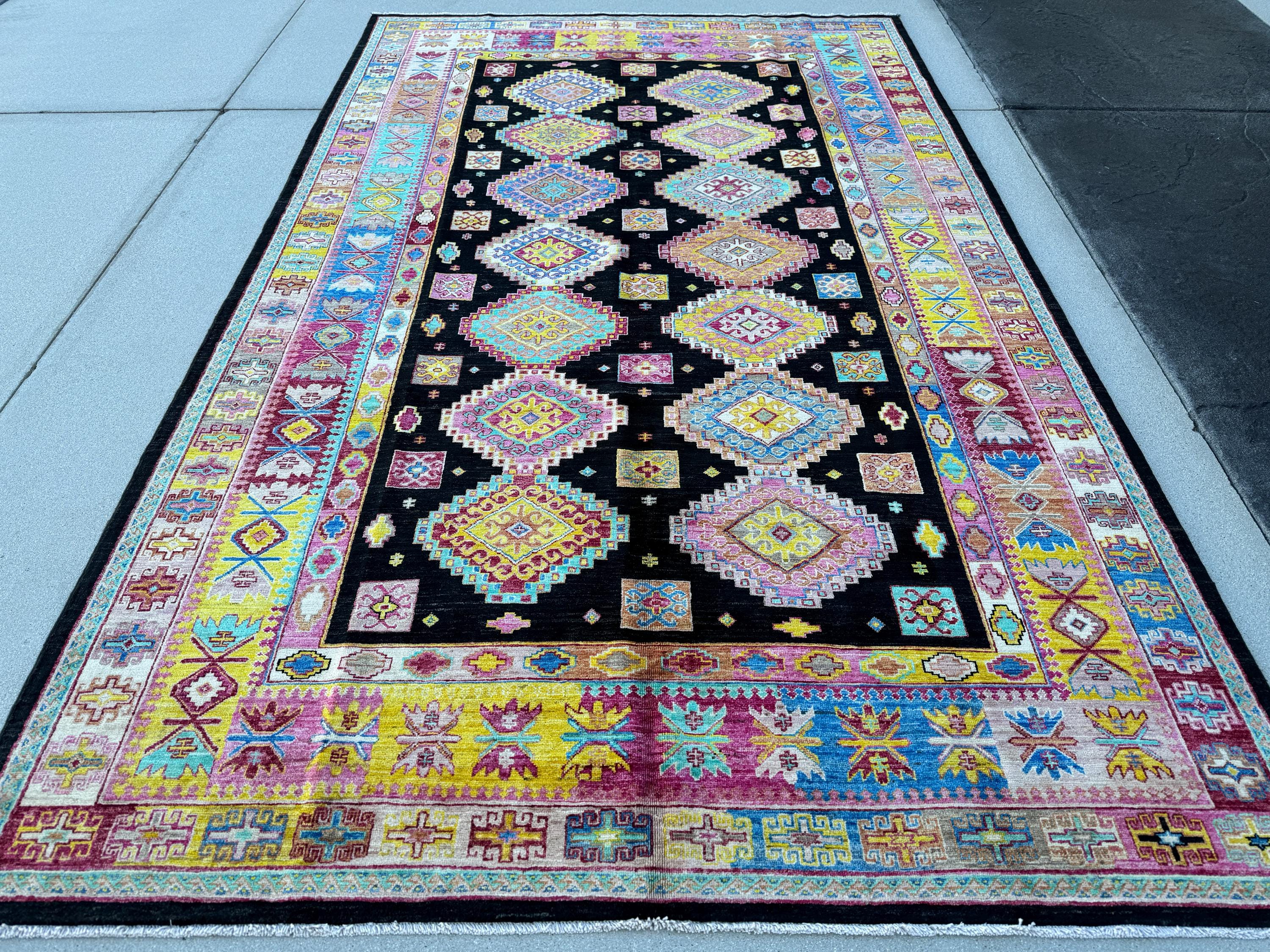 6-7x11 (198x335) Handmade Afghan Rug | Black Ivory White Yellow Fuchsia Salmon Blush Pink Denim Aqua Blue Turquoise Red Caramel Brown | Wool