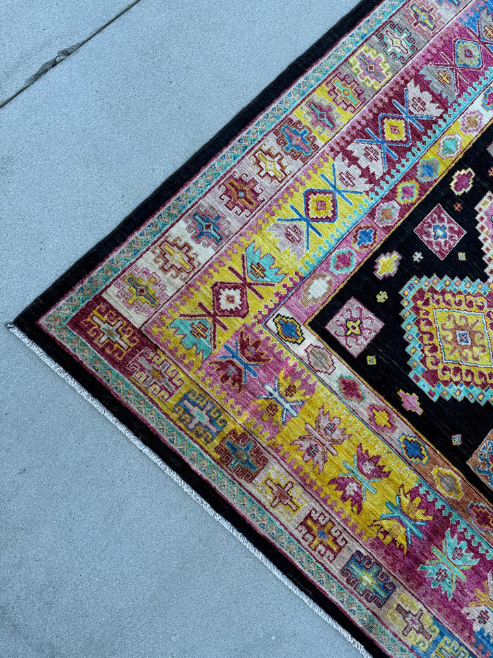 6-7x11 (198x335) Handmade Afghan Rug | Black Ivory White Yellow Fuchsia Salmon Blush Pink Denim Aqua Blue Turquoise Red Caramel Brown | Wool