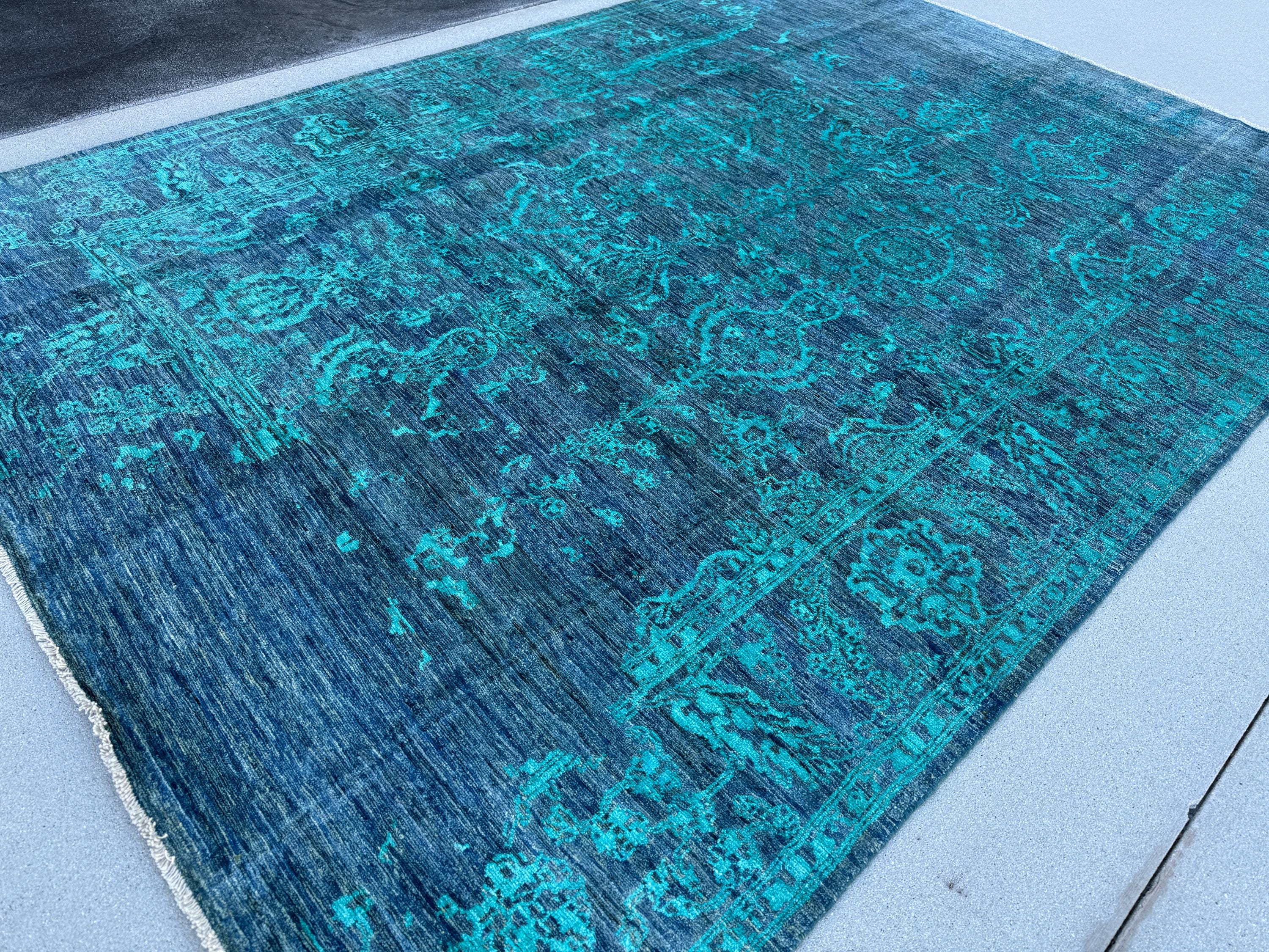 7x10 (213x292) Handmade Afghan Rug | Sapphire Denim Prussian Blue Teal Turquoise | Wool Floral High Contrast Bold Distressed Persian Ornate