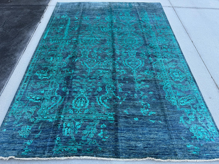 7x10 (213x292) Handmade Afghan Rug | Sapphire Denim Prussian Blue Teal Turquoise | Wool Floral High Contrast Bold Distressed Persian Ornate