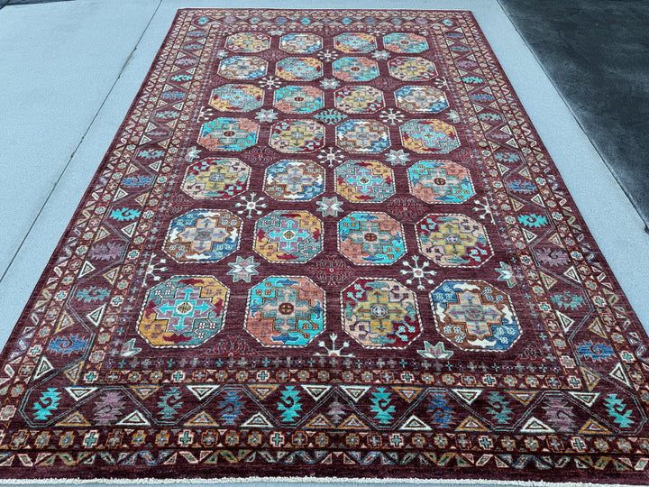 7x10 Handmade Afghan Rug | Burgundy Maroon Blood Red Chocolate Mocha Brown Peach Orange Beige Ivory Cream Denim Teal Sapphire Blue Purple