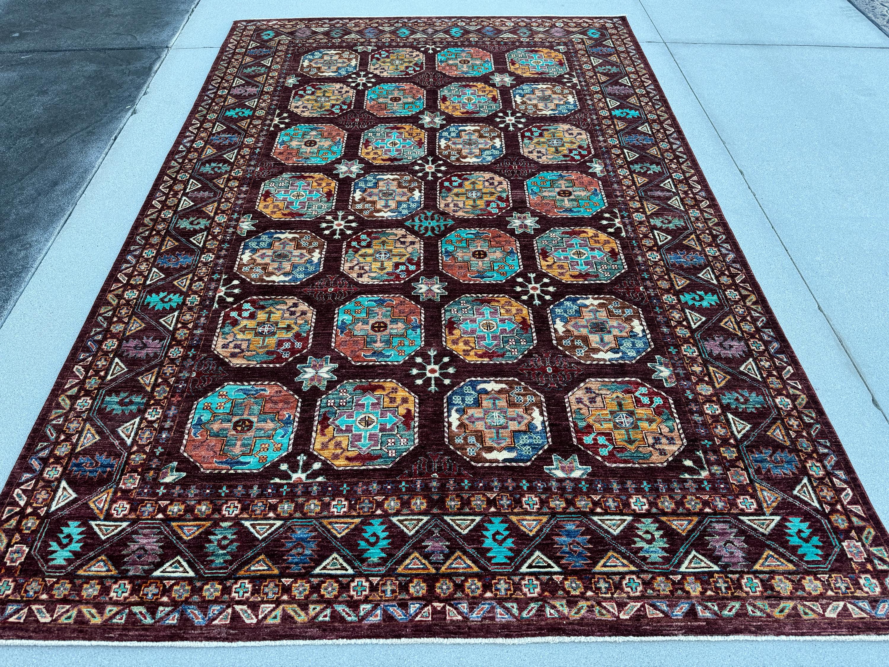 7x10 Handmade Afghan Rug | Burgundy Maroon Blood Red Chocolate Mocha Brown Peach Orange Beige Ivory Cream Denim Teal Sapphire Blue Purple