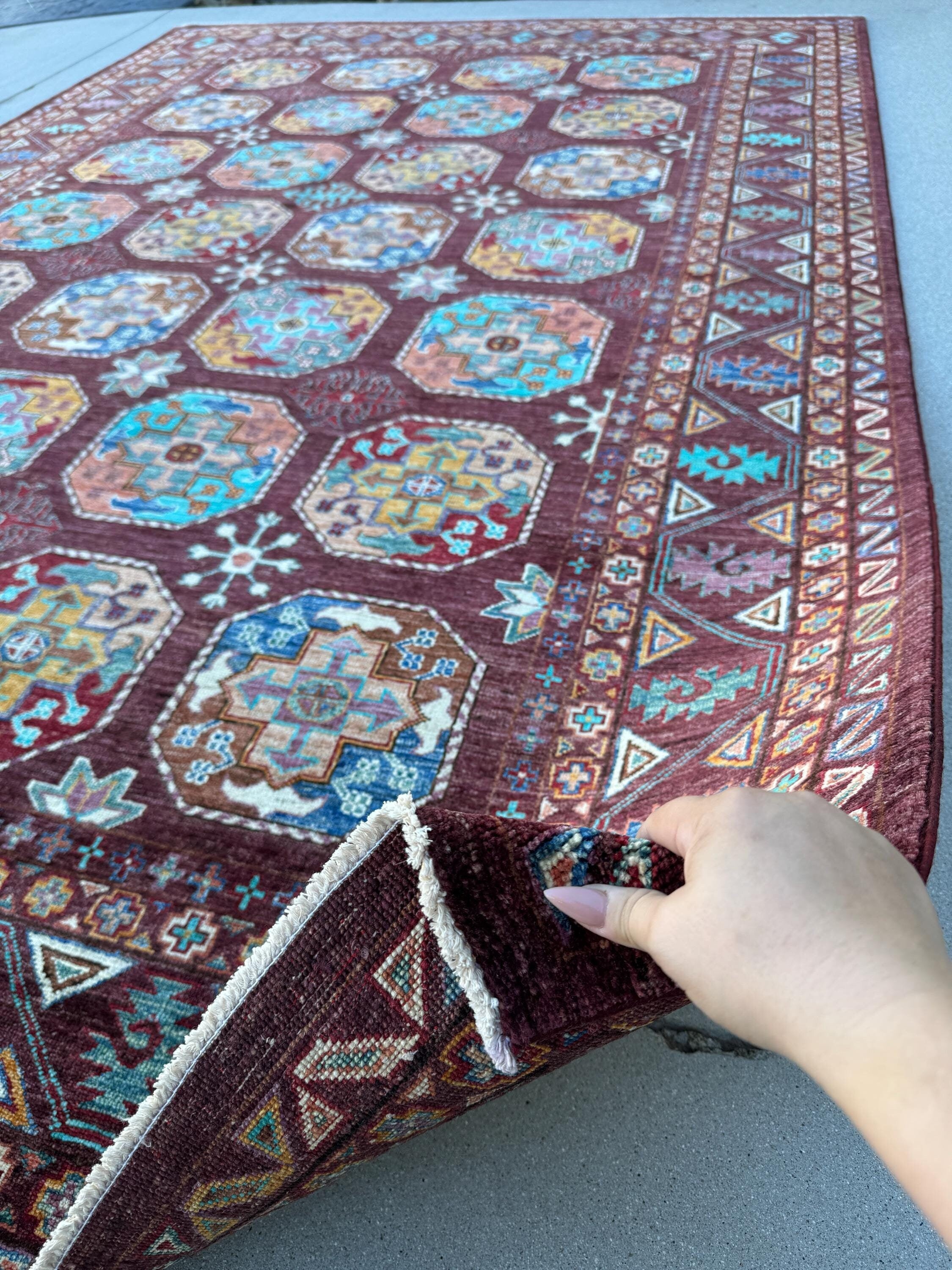 7x10 Handmade Afghan Rug | Burgundy Maroon Blood Red Chocolate Mocha Brown Peach Orange Beige Ivory Cream Denim Teal Sapphire Blue Purple