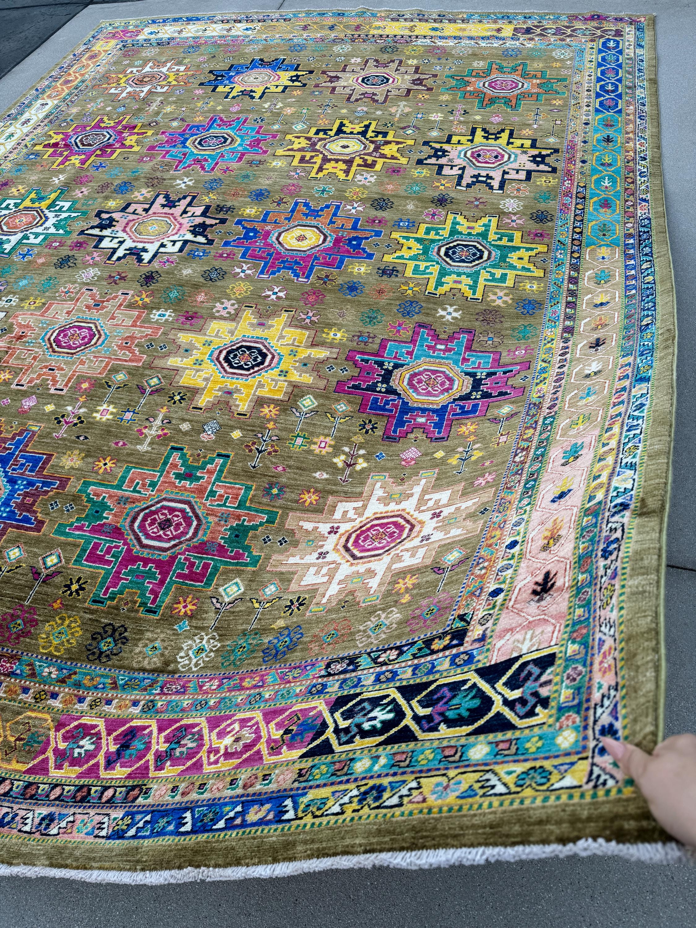 10x14 Handmade Afghan Wool Rug | Tribal Medallion Design | Olive and Moss Green Geometric Carpet