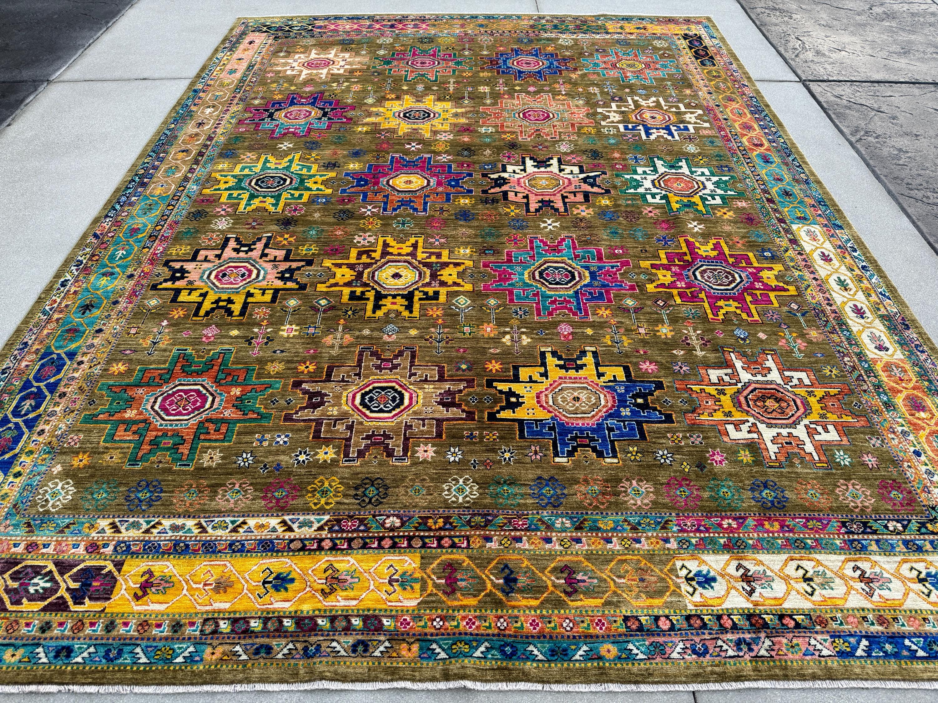 10x14 Handmade Afghan Wool Rug | Tribal Medallion Design | Olive and Moss Green Geometric Carpet