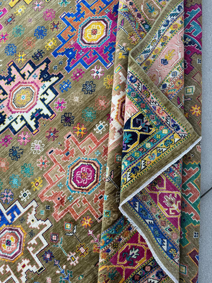 10x14 Handmade Afghan Wool Rug | Tribal Medallion Design | Olive and Moss Green Geometric Carpet