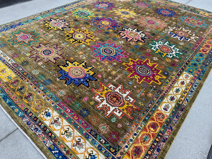 10x14 Handmade Afghan Wool Rug | Tribal Medallion Design | Olive and Moss Green Geometric Carpet