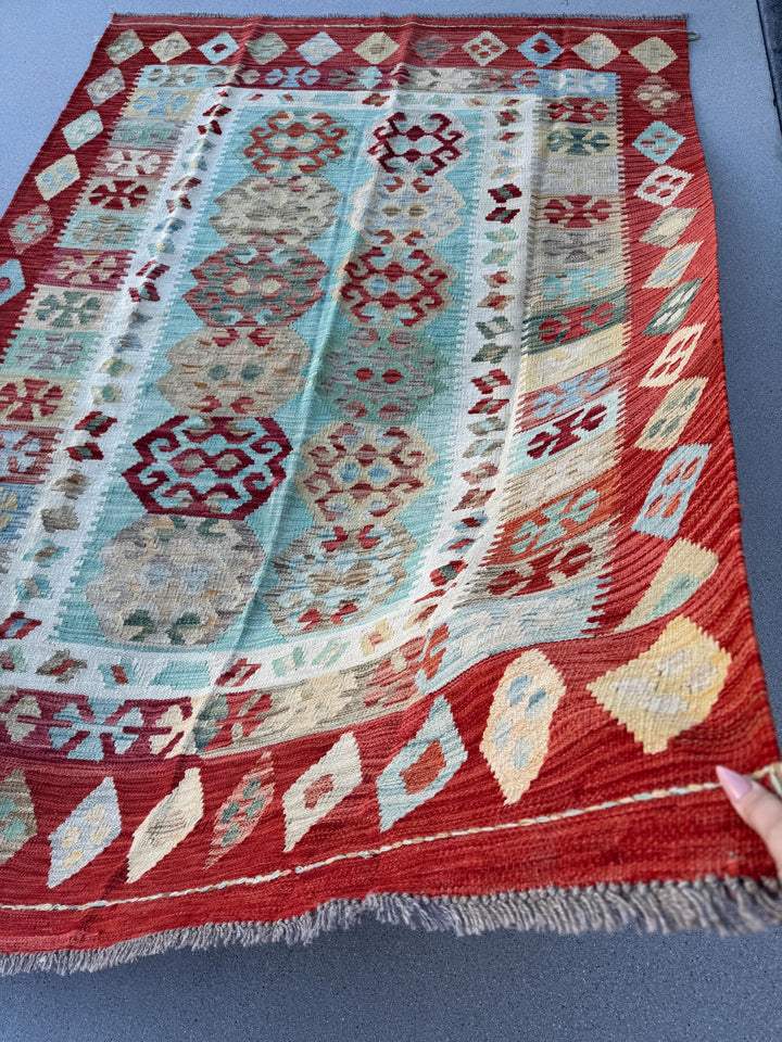 5x8 (165x248) Handmade Afghan Kilim Rug | Ruby Red Auburn Baby Blue Pine Sage Green Saffron Taupe Cream | Flatweave Tribal Nomadic Turkish