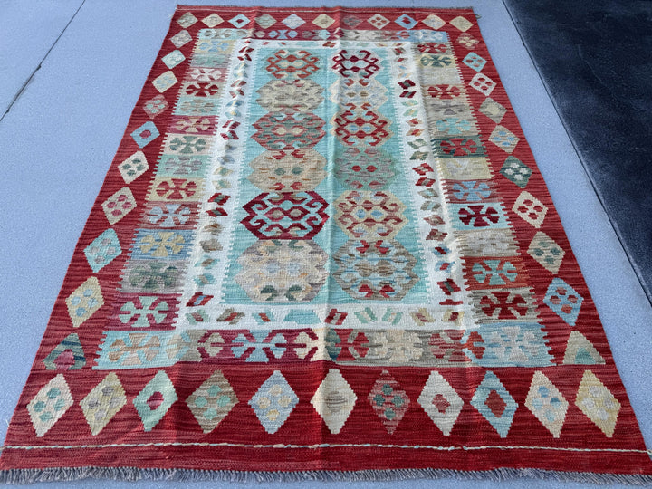 5x8 (165x248) Handmade Afghan Kilim Rug | Ruby Red Auburn Baby Blue Pine Sage Green Saffron Taupe Cream | Flatweave Tribal Nomadic Turkish