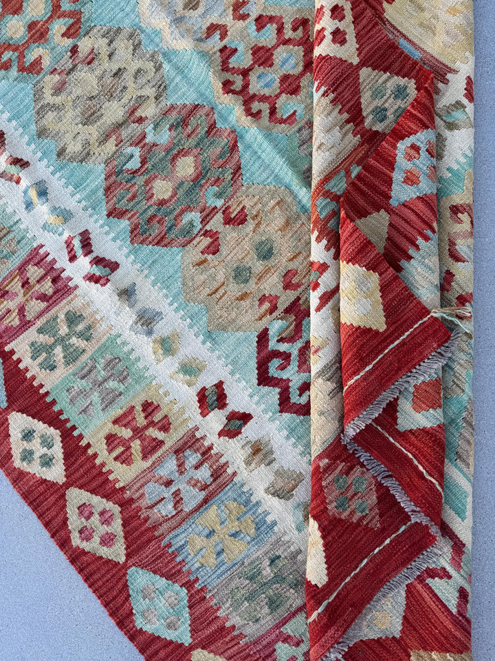 5x8 (165x248) Handmade Afghan Kilim Rug | Ruby Red Auburn Baby Blue Pine Sage Green Saffron Taupe Cream | Flatweave Tribal Nomadic Turkish