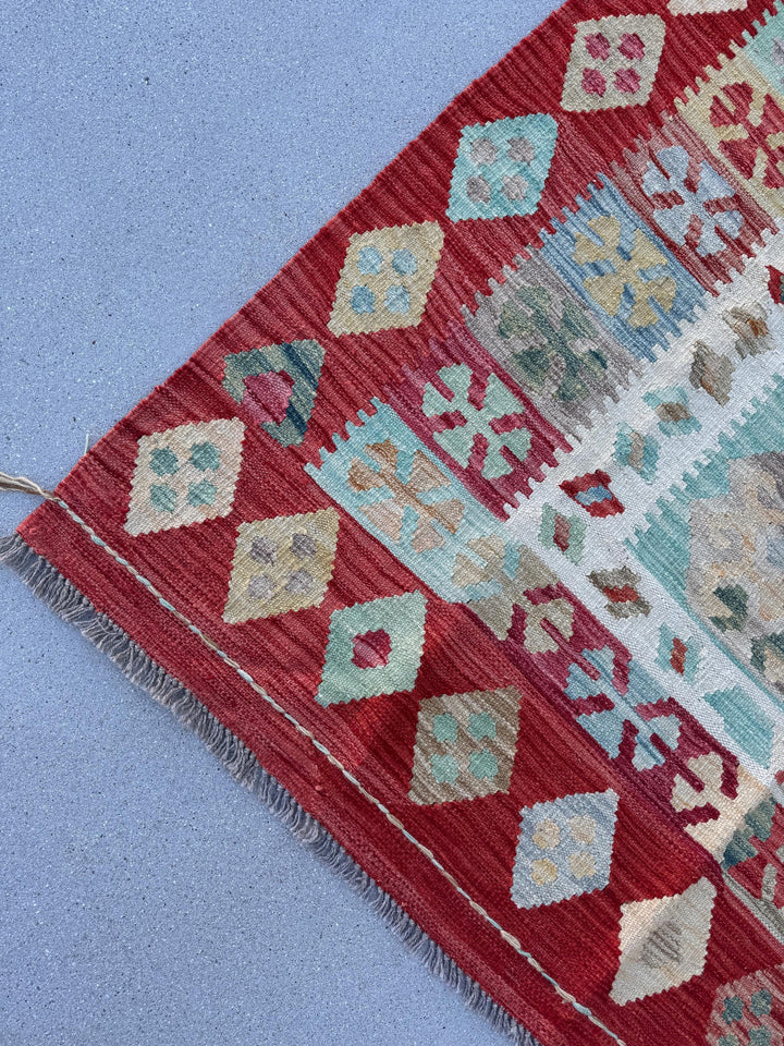 5x8 (165x248) Handmade Afghan Kilim Rug | Ruby Red Auburn Baby Blue Pine Sage Green Saffron Taupe Cream | Flatweave Tribal Nomadic Turkish