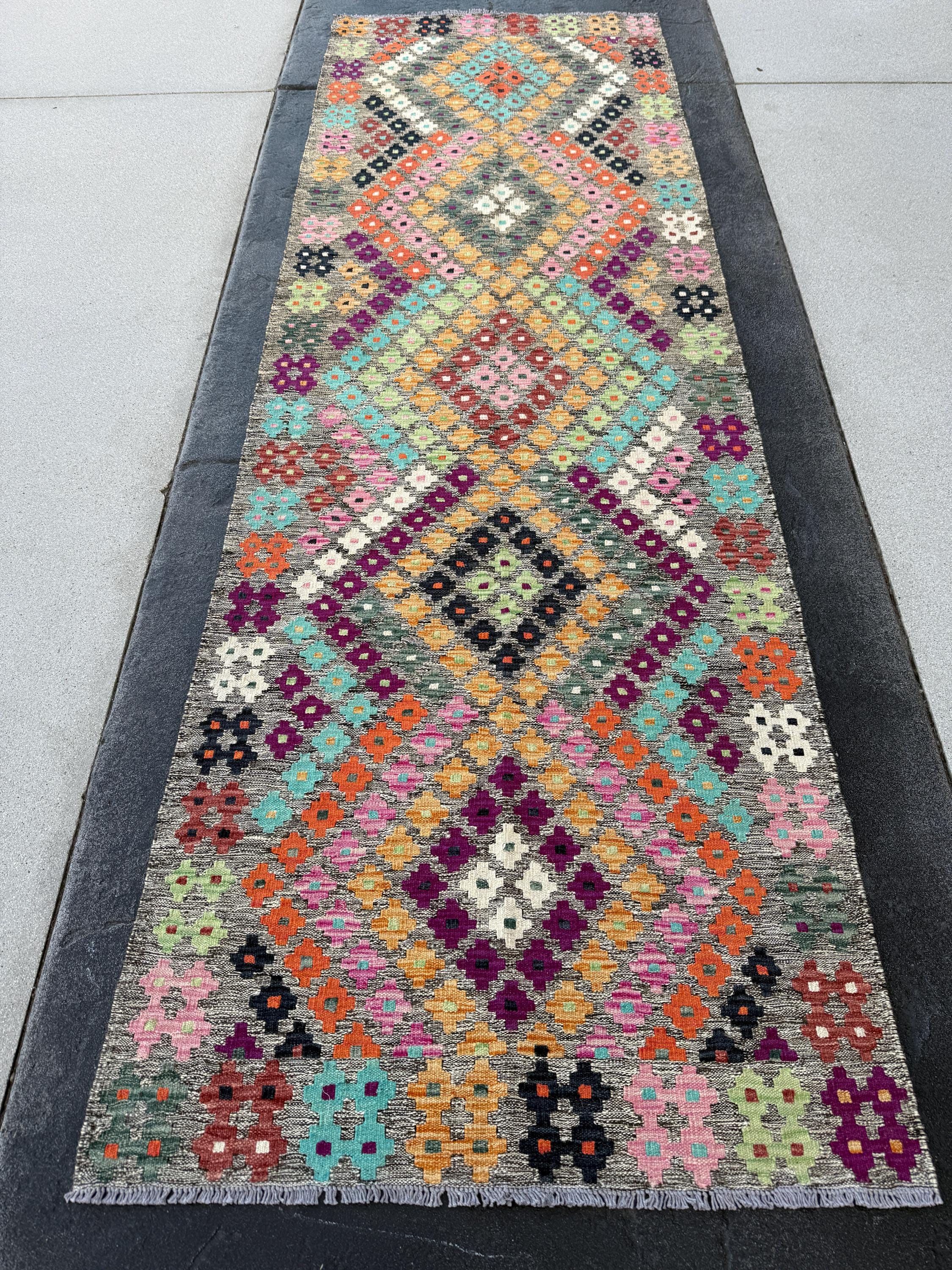 3x10 Handmade Afghan Kilim Rug | Grey White Ivory Turquoise Aquamarine Blue Sage Mint Green Black Orange Plum Maroon Brick Baby Pink Saffron