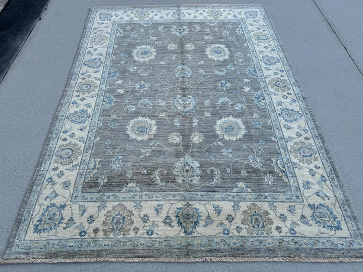 5x7 (152x213) Hand Knotted Afghan Rug | Grey Cream Beige Denim Powder Blue White Tan Taupe | Wool Floral Persian Dorm Room Apartment