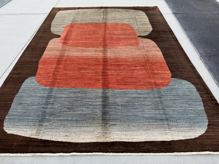 7x10 (223x304) Handmade Afghan Rug | Black Charcoal Slate Light Grey Light Powder Denim Prussian Blue Peach Rust Burnt Orange Terracotta