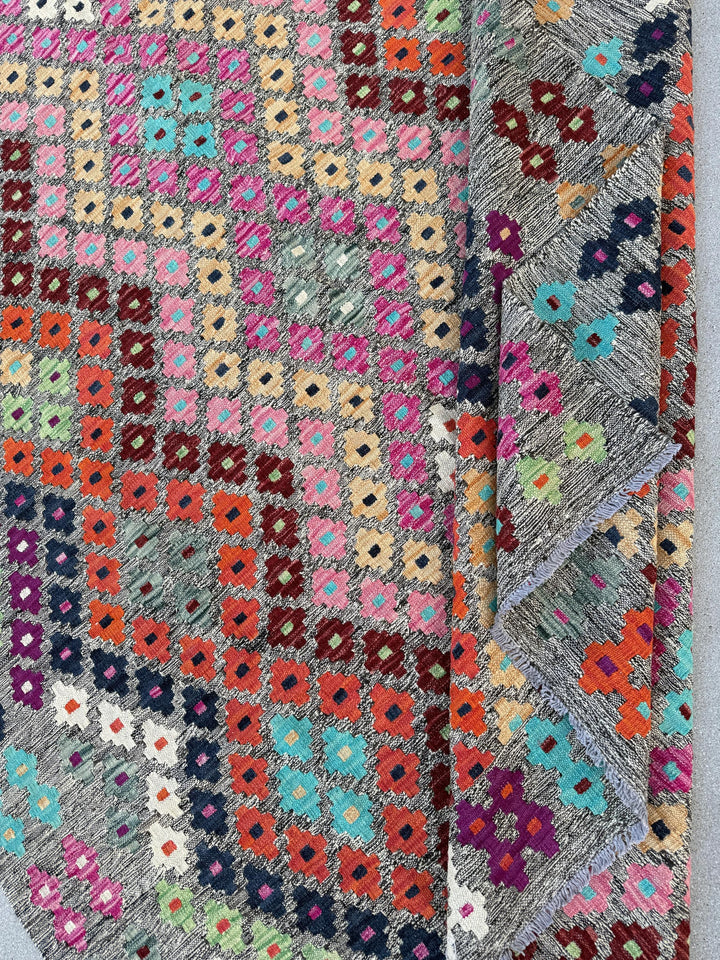 6x8 Handmade Afghan Kilim Rug Grey Orange Peach Black Midnight Blue Fuchsia Pink Eggplant Purple Turquoise Aqua Blue Lime Green White Maroon