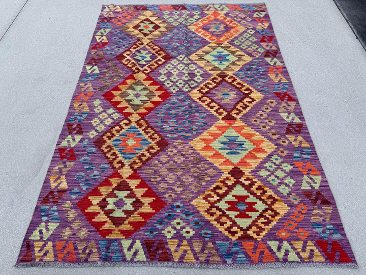 4x6 (127x Handmade Afghan Kilim Rug | Eggplant Purple Taupe Cream Sage Lime Green Teal Turquoise Aqua Blue Peach Saffron Brick Red