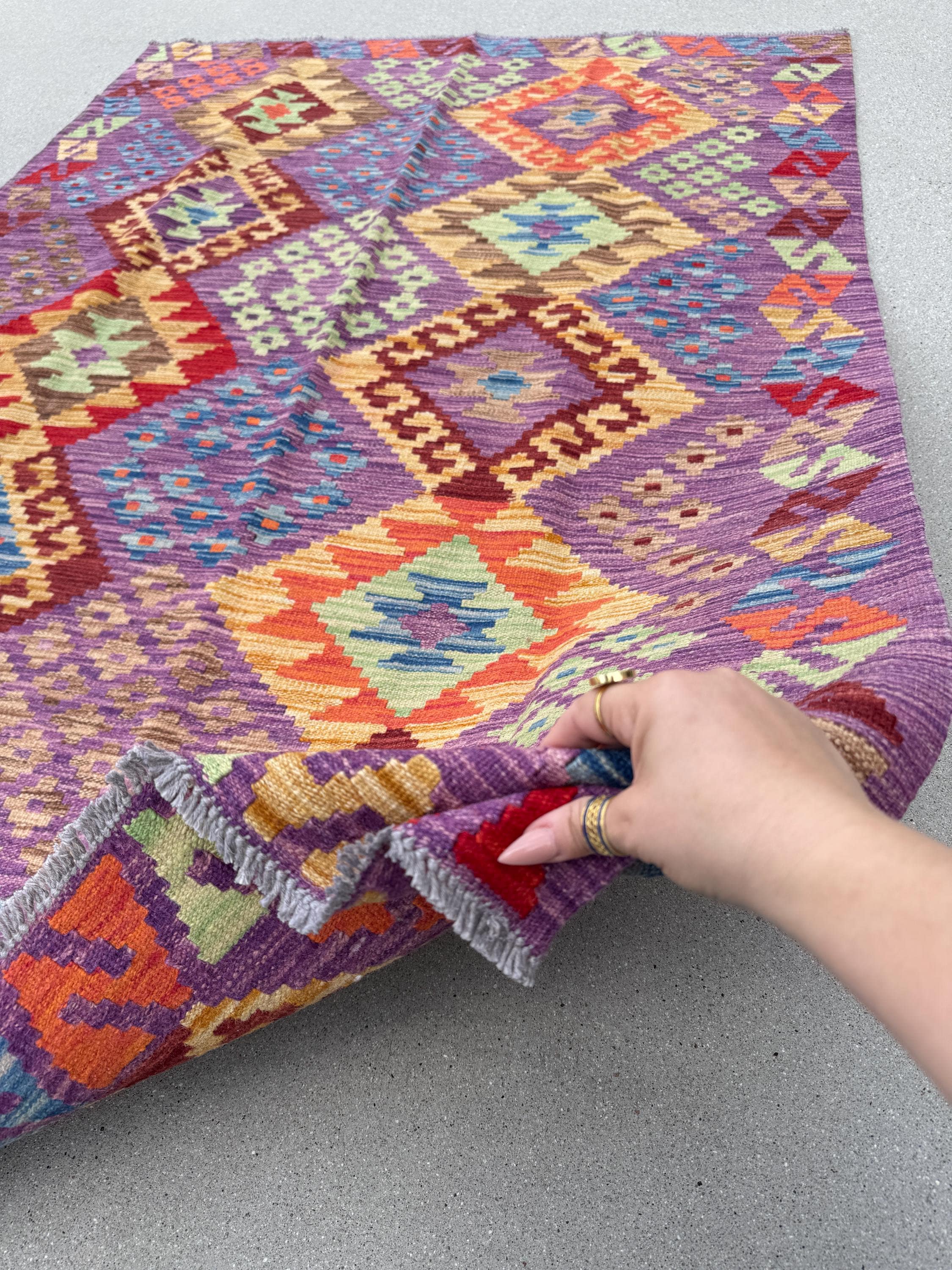 4x6 (127x Handmade Afghan Kilim Rug | Eggplant Purple Taupe Cream Sage Lime Green Teal Turquoise Aqua Blue Peach Saffron Brick Red