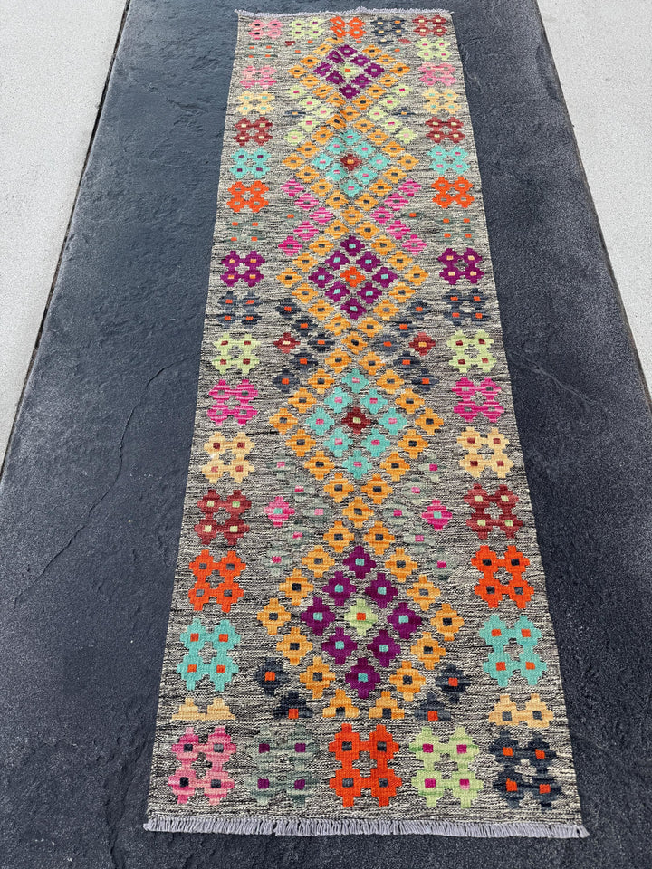 2x6 Handmade Afghan Kilim Runner Rug Grey Taupe Cream Sage Lime Green Teal Turquoise Aqua Blue Peach Saffron Eggplant Purple Brick Red Black