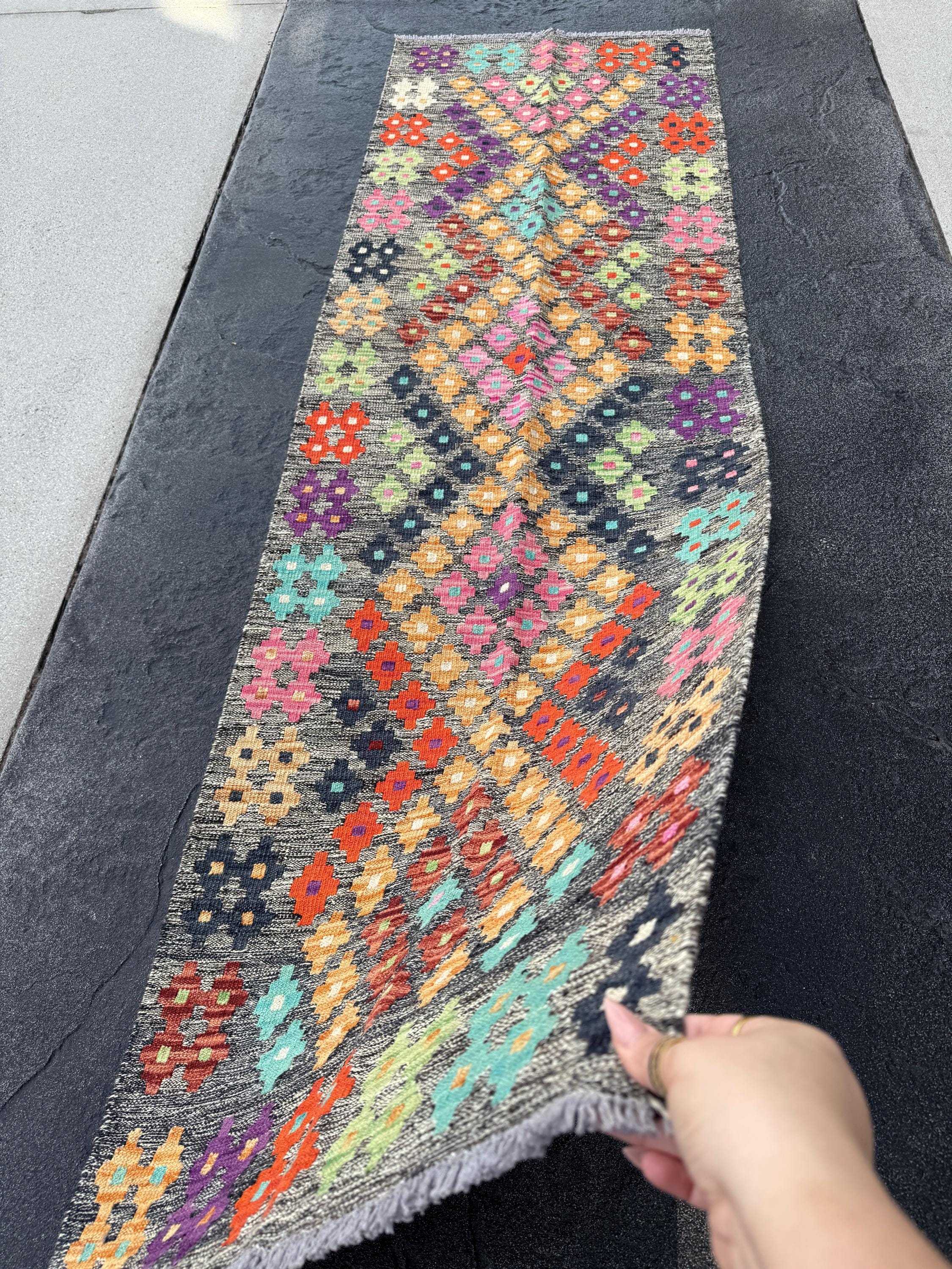 2x7 Handmade Afghan Kilim Runner Rug | Grey Taupe Cream Sage Lime Green Turquoise Blue Peach Pink Saffron Eggplant Purple Brick Red Black