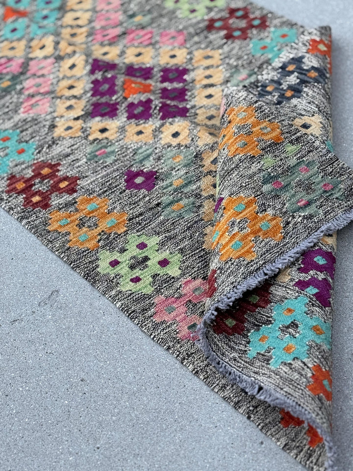 2x7 Handmade Afghan Kilim Runner Rug | Grey Taupe Cream Sage Lime Green Turquoise Aqua Blue Peach Saffron Eggplant Purple Brick Red Black