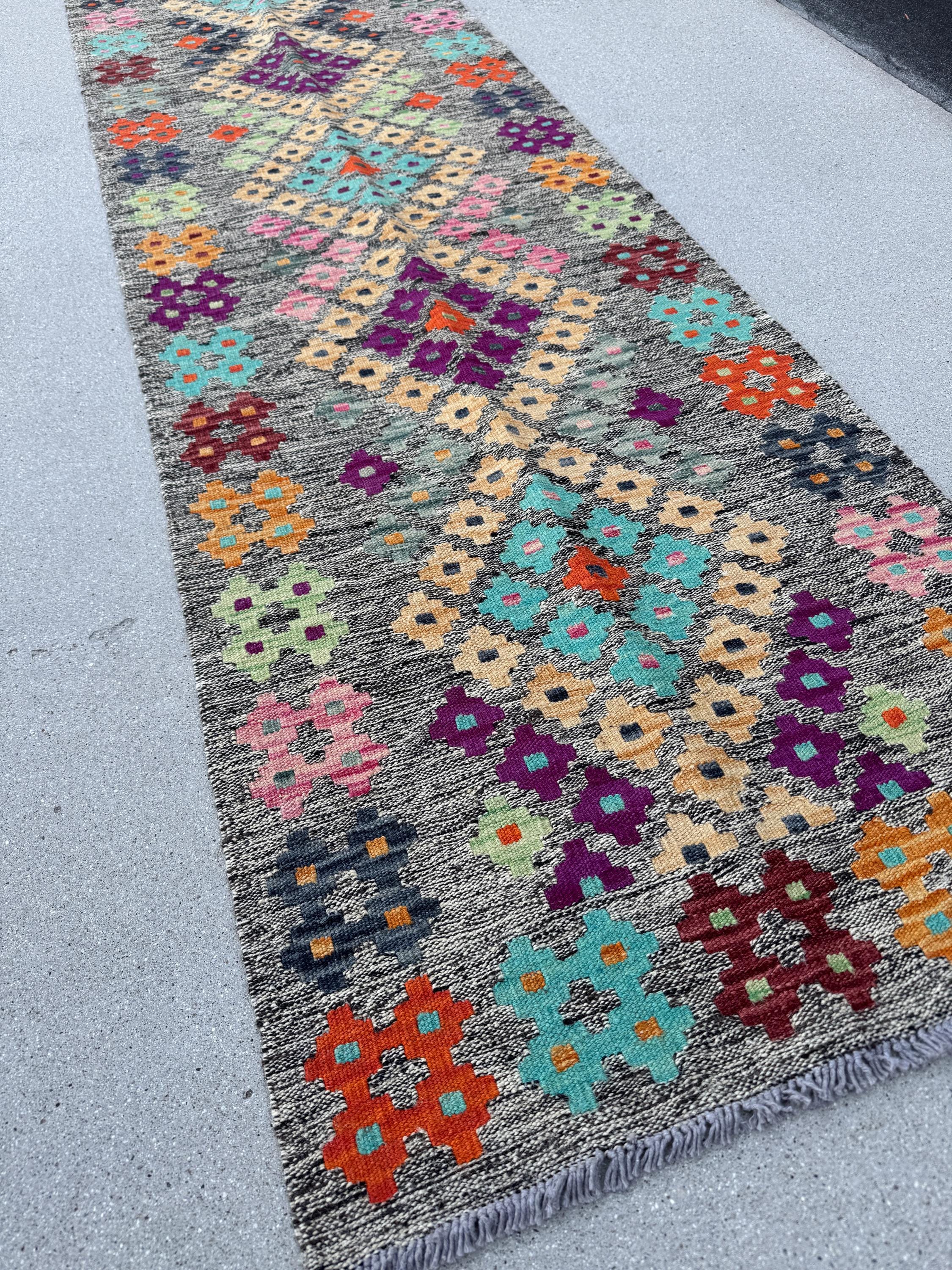 2x7 Handmade Afghan Kilim Runner Rug | Grey Taupe Cream Sage Lime Green Turquoise Aqua Blue Peach Saffron Eggplant Purple Brick Red Black