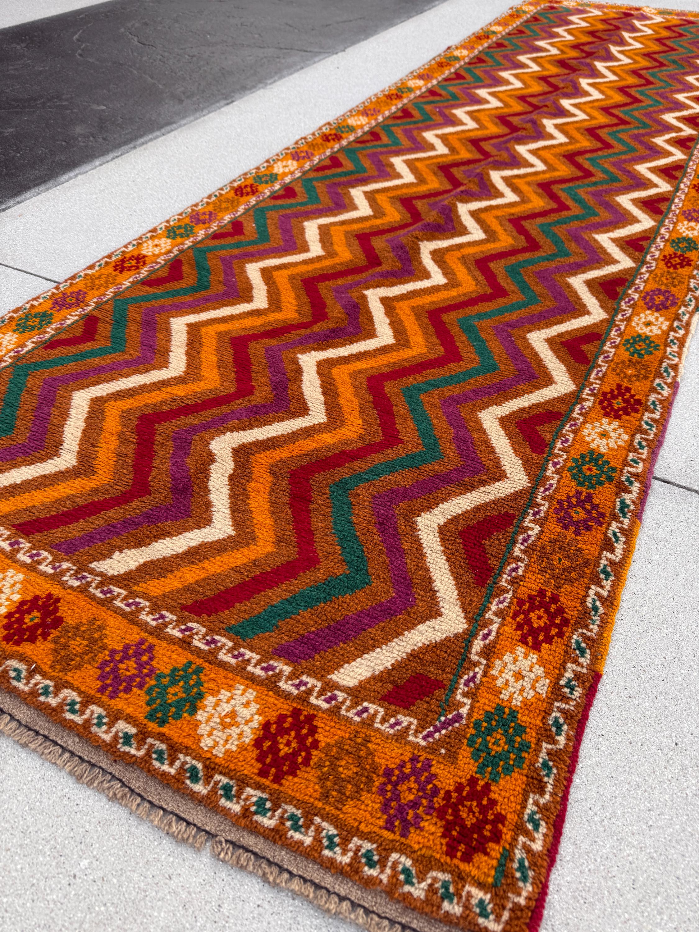 3x10 (91x304) Handmade Afghan Baluch Runner Rug | Burnt Rust Orange Crimson Red Plum Purple Forest Green Cream Ivory | Wool Plush Geometric