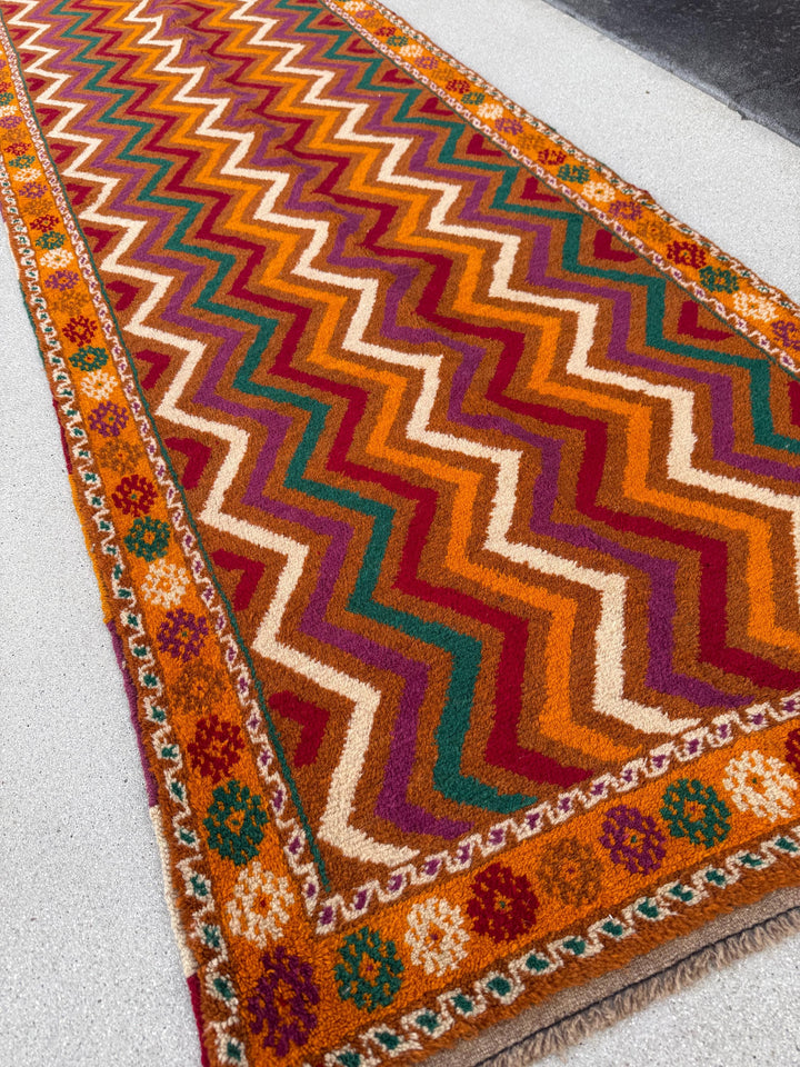 3x10 (91x304) Handmade Afghan Baluch Runner Rug | Burnt Rust Orange Crimson Red Plum Purple Forest Green Cream Ivory | Wool Plush Geometric