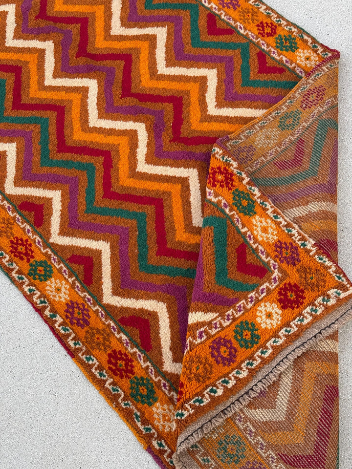 3x10 (91x304) Handmade Afghan Baluch Runner Rug | Burnt Rust Orange Crimson Red Plum Purple Forest Green Cream Ivory | Wool Plush Geometric