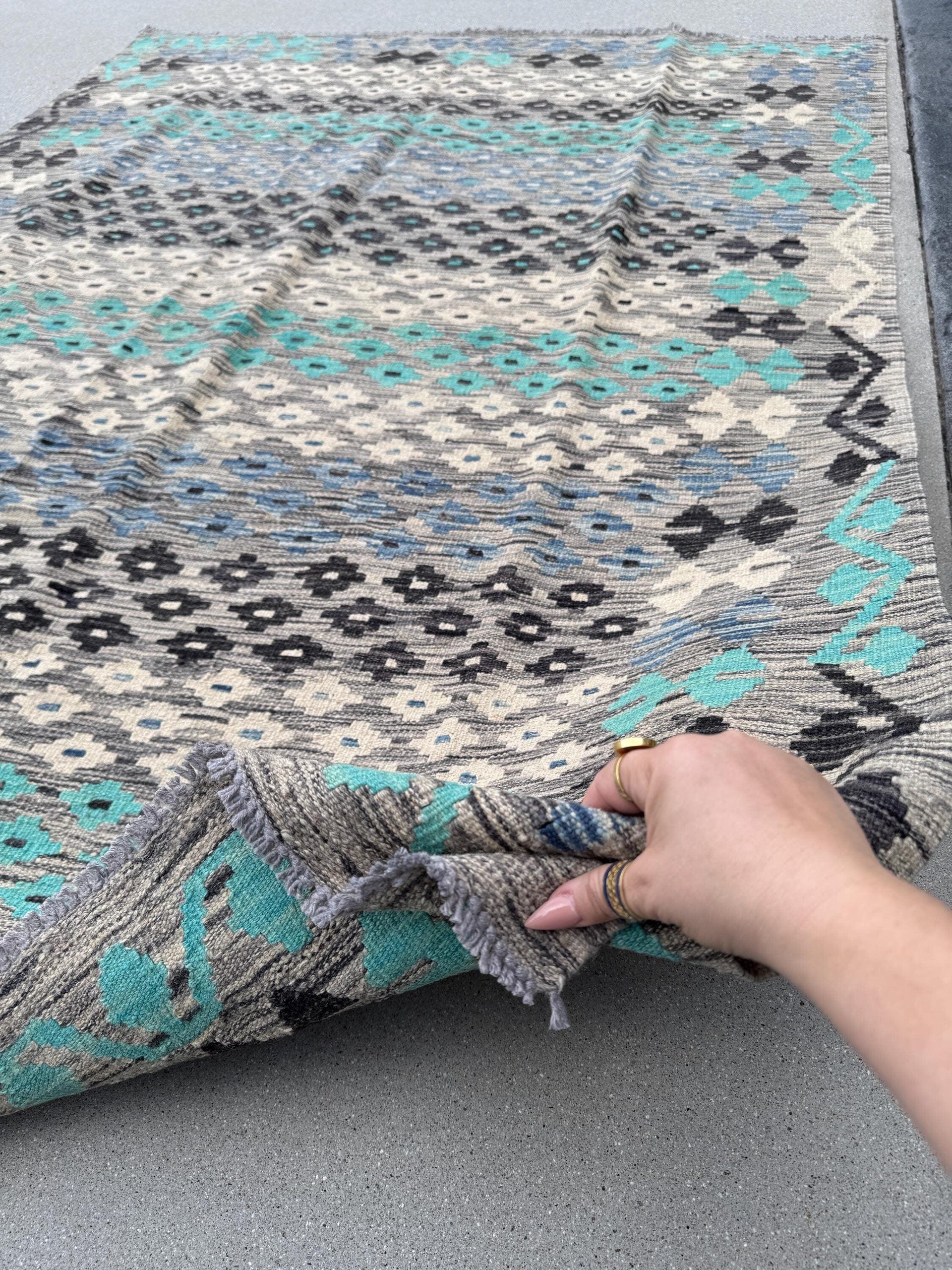 5x7 (154x210) Handmade Kilim Afghan Rug | Slate Charcoal Light Steel Grey Aqua Turquoise Teal Navy Prussian Sky Blue Cream Ivory Beige Black