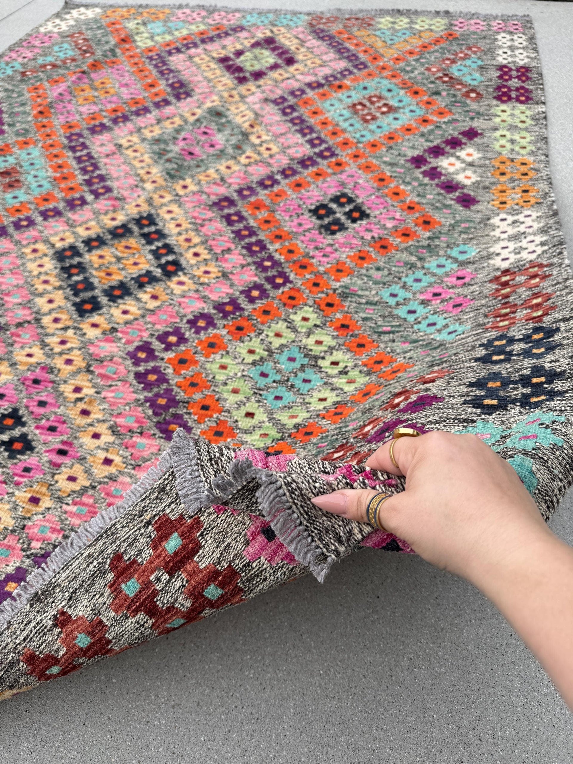 5x7 Handmade Afghan Kilim Runner Rug | Grey Taupe Cream Sage Lime Green Turquoise Blue Peach Pink Saffron Eggplant Purple Brick Red Black