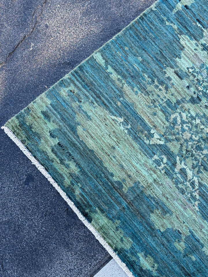 5-6x8 (167x243) Handmade Afghan Rug | Teal Denim Blue Mint Green Cream White Grey Gray | Wool Distressed Floral Persian Abstract Turkish