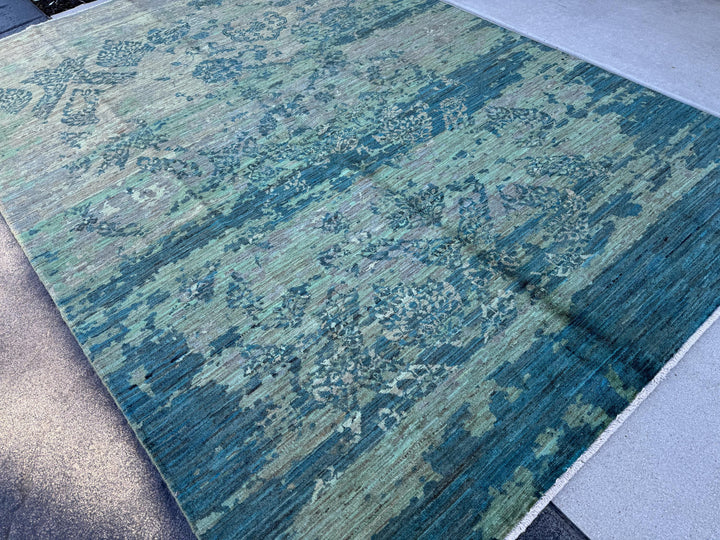 5-6x8 (167x243) Handmade Afghan Rug | Teal Denim Blue Mint Green Cream White Grey Gray | Wool Distressed Floral Persian Abstract Turkish