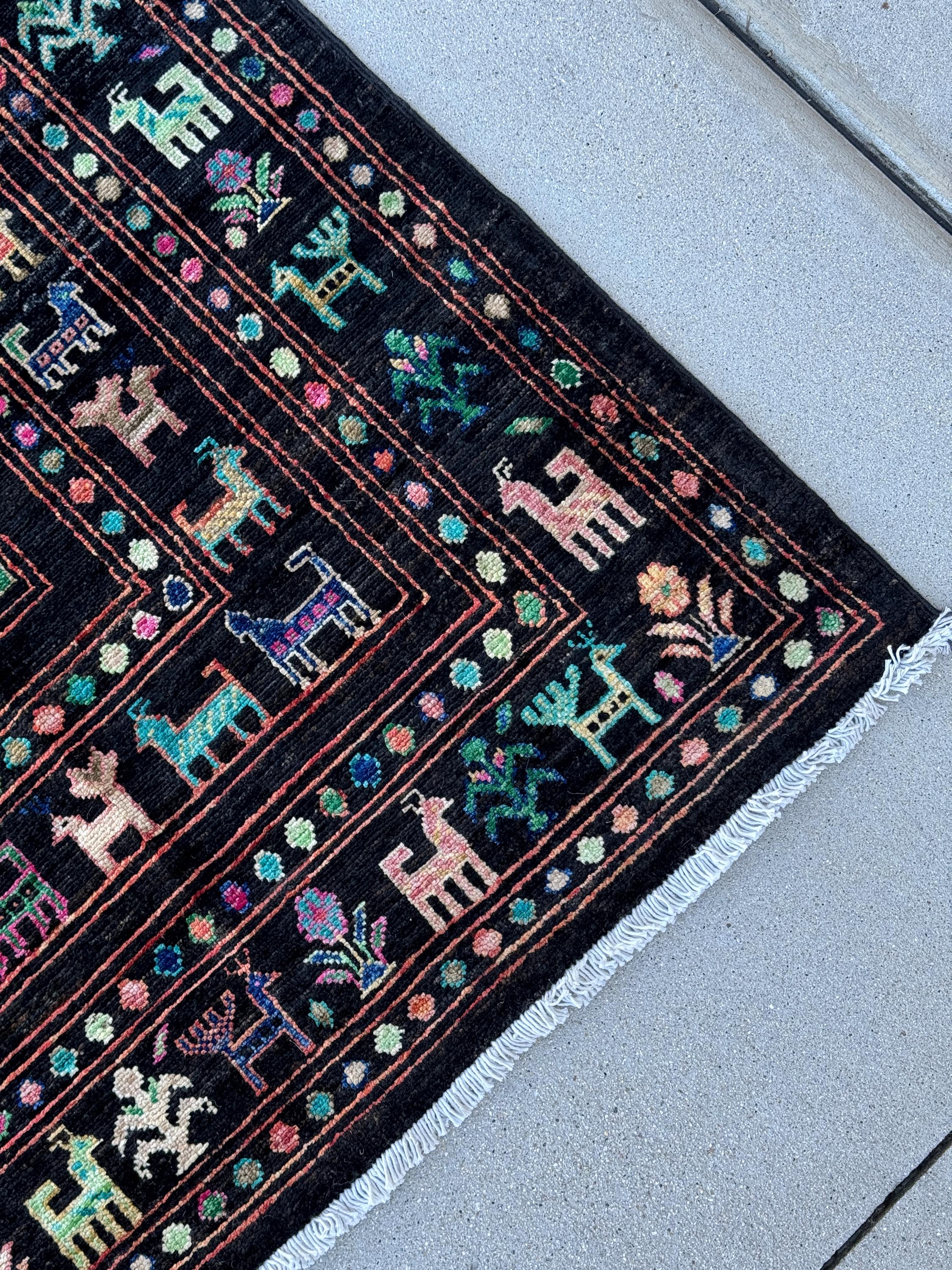 6x8 (182x243) Handmade Afghan Rug | Black Salmon Blush Baby Pink Forest Olive Lime Green Teal Aqua Turquoise Midnight Blue White Cream