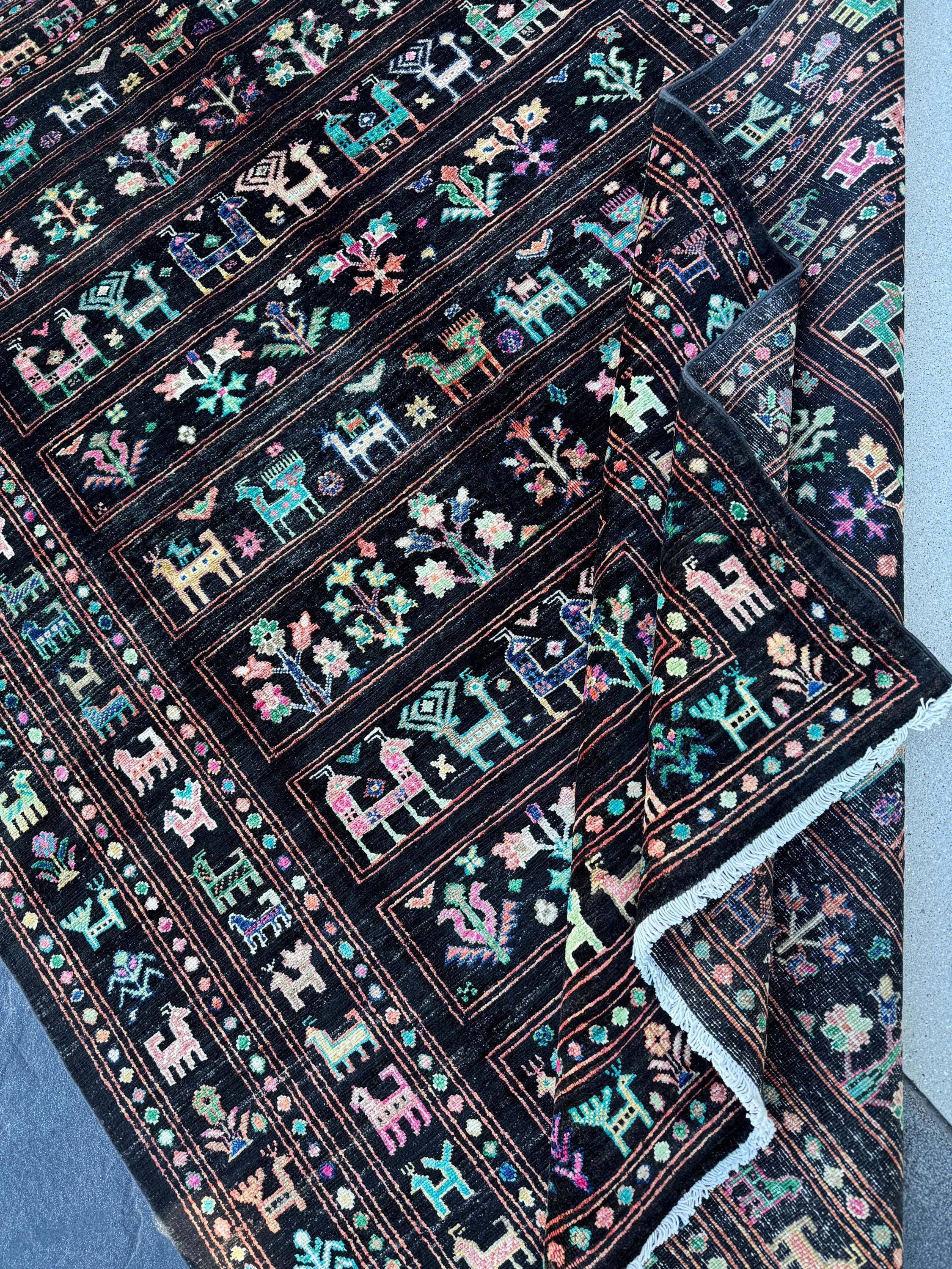 6x8 (182x243) Handmade Afghan Rug | Black Salmon Blush Baby Pink Forest Olive Lime Green Teal Aqua Turquoise Midnight Blue White Cream