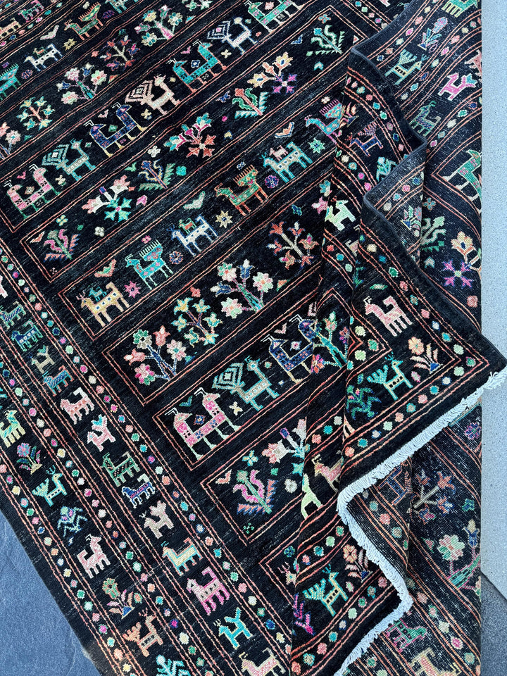 6x8 (182x243) Handmade Afghan Rug | Black Salmon Blush Baby Pink Forest Olive Lime Green Teal Aqua Turquoise Midnight Blue White Cream