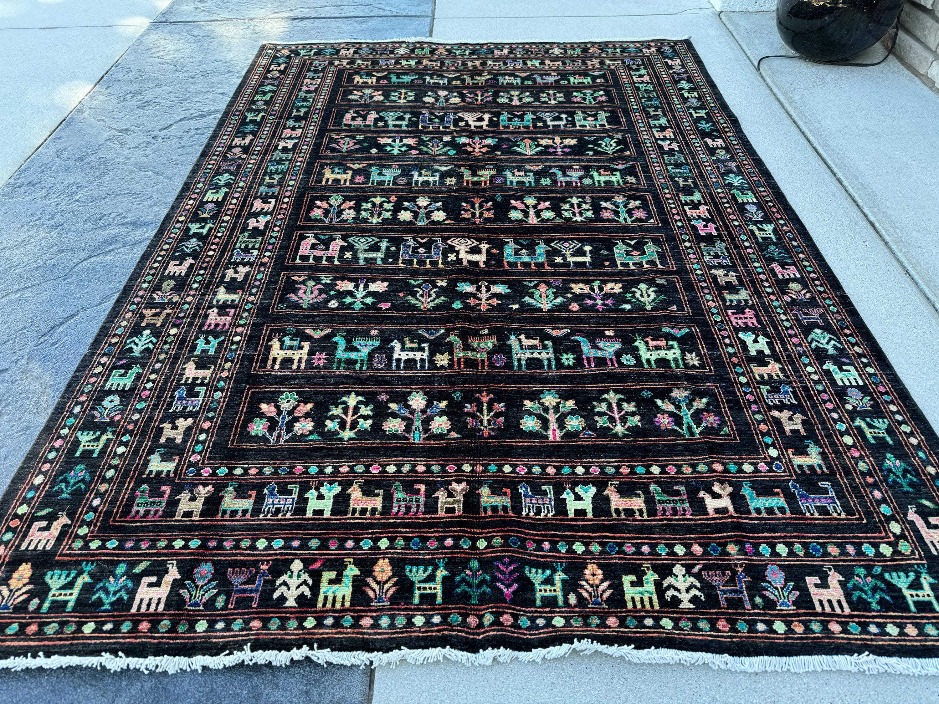 6x8 (182x243) Handmade Afghan Rug | Black Salmon Blush Baby Pink Forest Olive Lime Green Teal Aqua Turquoise Midnight Blue White Cream