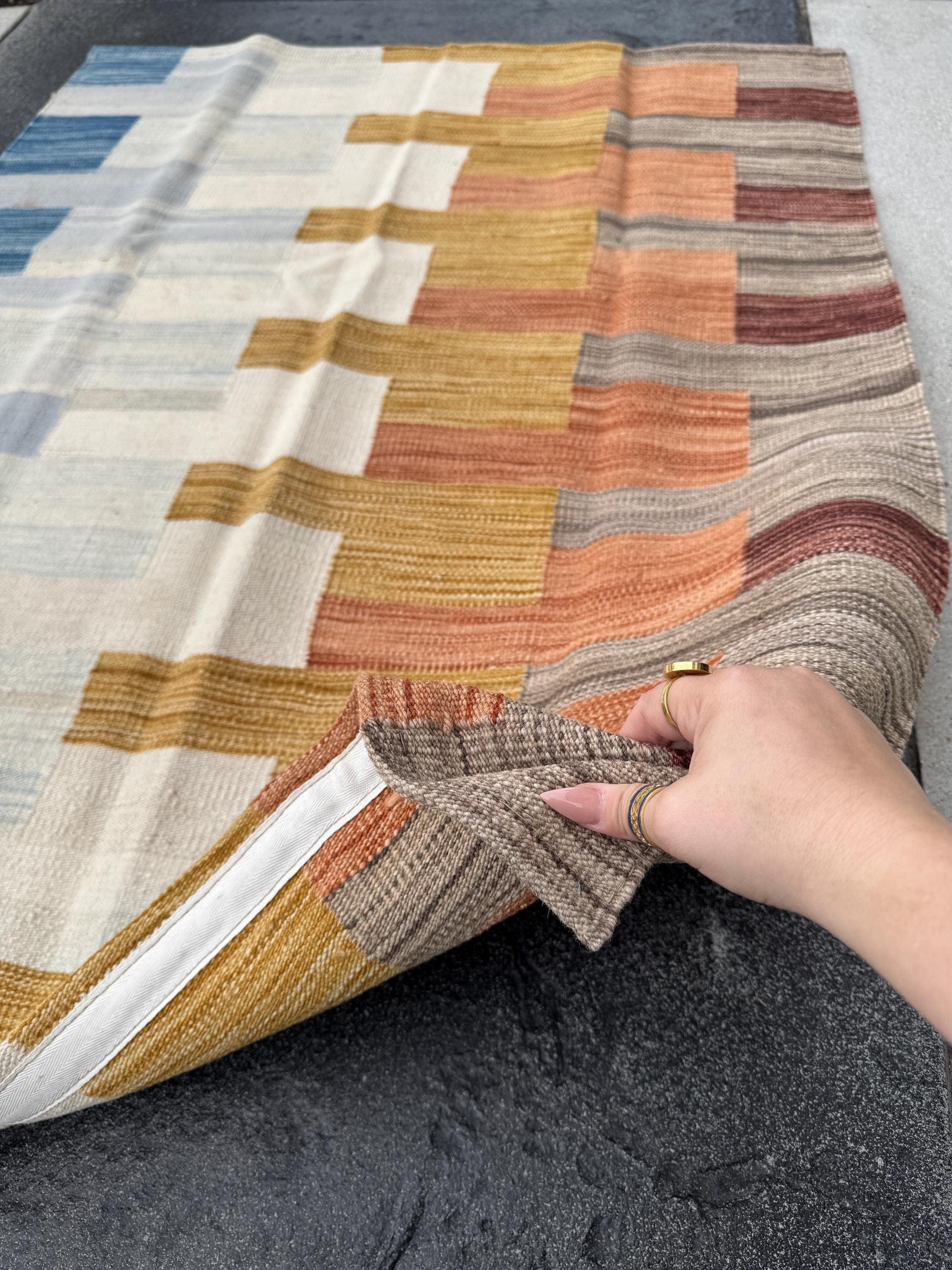 3x4 (109x144) Handmade Afghan Kilim Rug | Cream Ivory Royal Powder Blue Mustard Yellow Saffron Gold Peach Burnt Orange Mocha Chocolate Brown