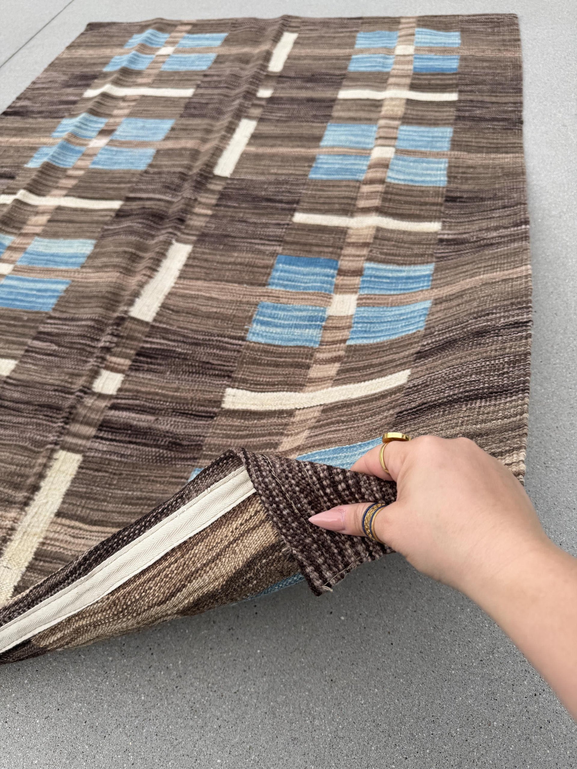 4x5 (121x172) Handmade Afghan Kilim Rug | Mocha Chocolate Coffee Brown Taupe Sapphire Powder Sky Blue Cornsilk Cornsilk Beige Cream Ivory
