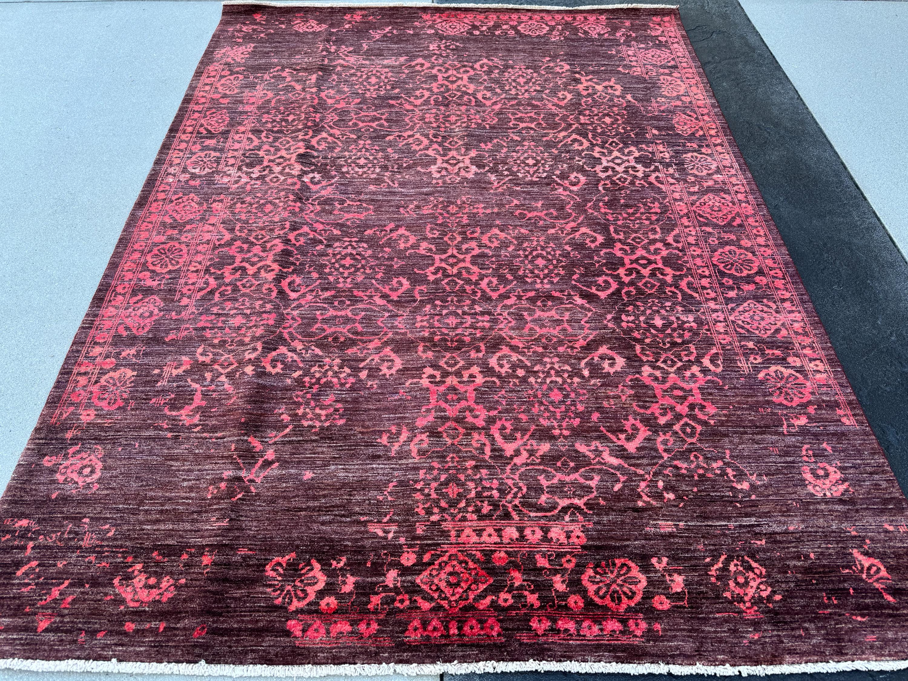 6x8 (182x213) Handmade Afghan Rug | Burgundy Maroon Wine Red Fuchsia Baby Blush Pink | Wool Floral Persian Traditional Turkish Distressed