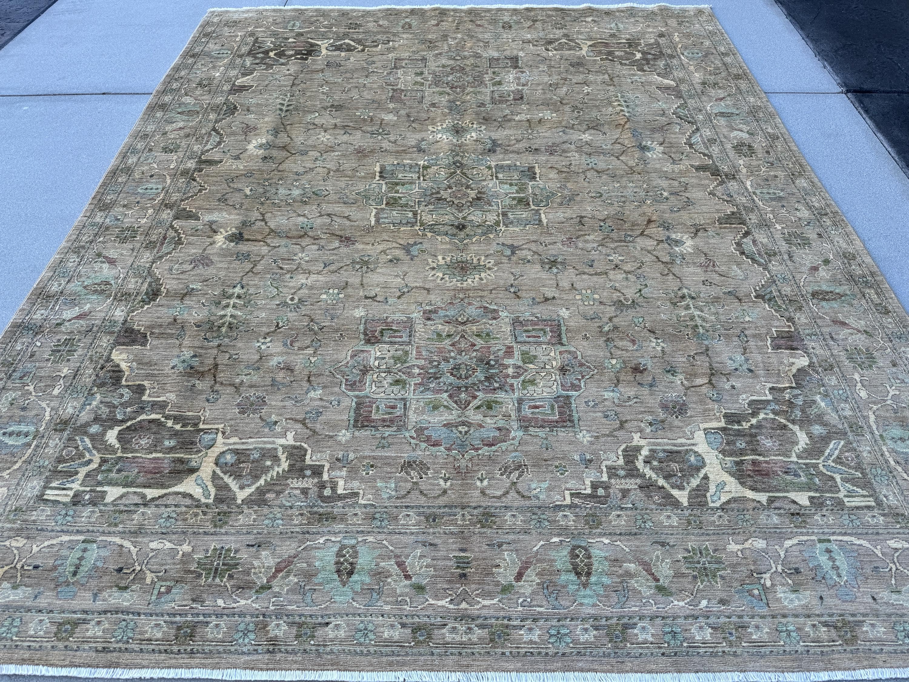 8x10 (251x302) Handmade Afghan Rug | Taupe Tan Mocha Light Brown Brick Red Powder Blue Moss Green Cream Ivory | Persian Traditional Turkish